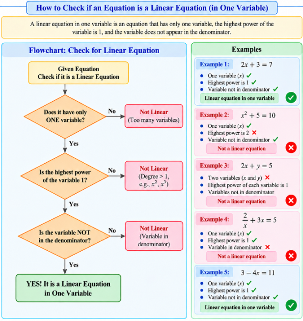 Flowchart checking: 1. Only one variable? 2. Highest power is 1? 3. Variable not in denominator? If all yes, it is linear.