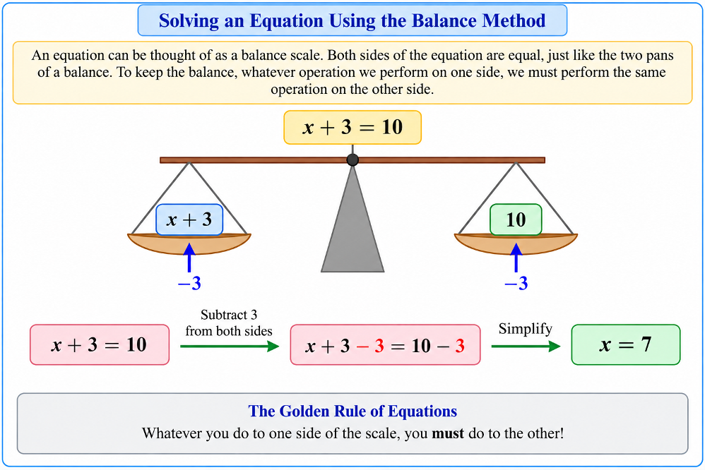 A balanced scale showing x + 3 on one side and 10 on the other, illustrating that operations must be applied to both sides.