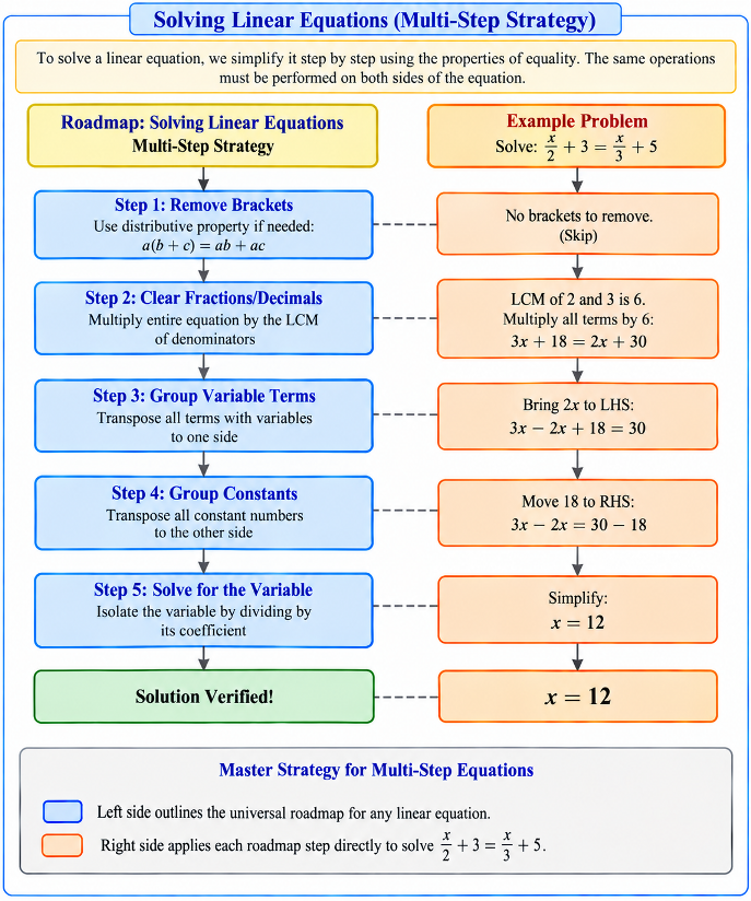 Flowchart: 1. Remove Brackets -> 2. Clear Fractions (LCM) -> 3. Group Variable Terms -> 4. Group Constants -> 5. Solve for x.
