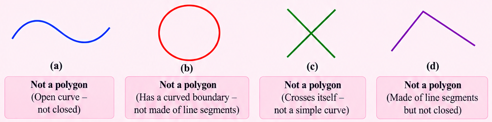 Examples of non-polygons (open curve, not simple curve, not made of line segments)