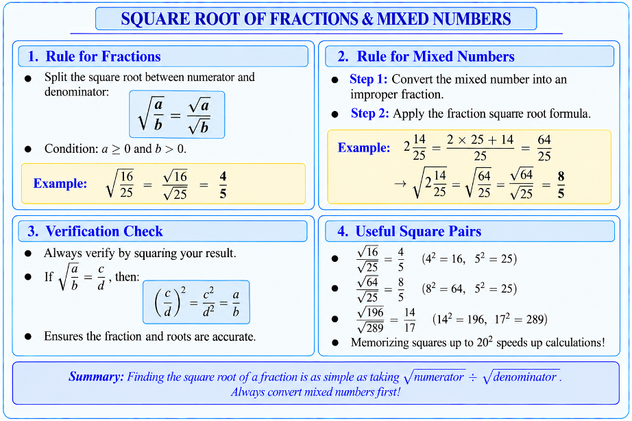 Mathematical rule showing square root of a/b equals square root of a divided by square root of b