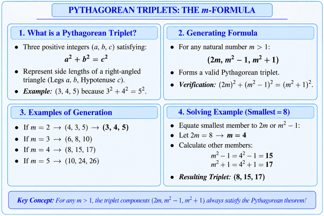 Diagram showing the components of a Pythagorean triplet: 2m, m-square minus 1, and m-square plus 1