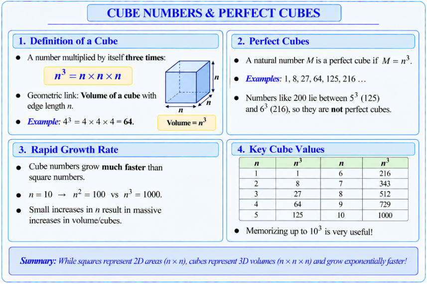 Comparison chart between square numbers and cube numbers
