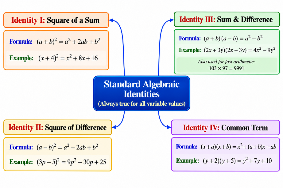 Mind map of algebraic identities including (a+b)^2, (a-b)^2, (a+b)(a-b) and (x+a)(x+b)