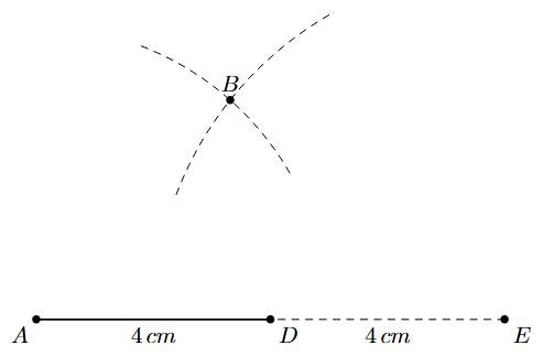 Step 4: An arc of radius 6 cm from E intersects the arc from A at point B.