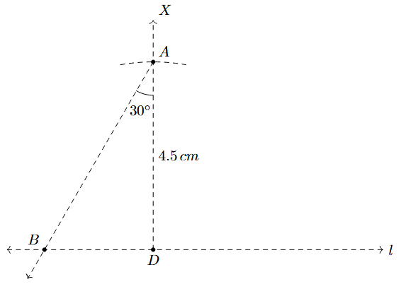 Step 4: An angle DAB of 30 degrees is constructed. The ray intersects line l at B.