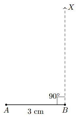 Step 2: A perpendicular ray BX is drawn at point B, making a 90-degree angle with AB.