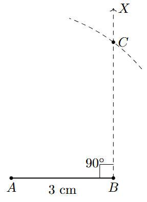 Step 3: An arc from A with a 5 cm radius intersects the perpendicular ray BX at point C.