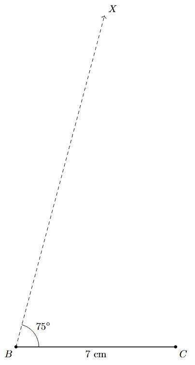 Step 2: A ray BX is drawn at B making a 75-degree angle with BC.