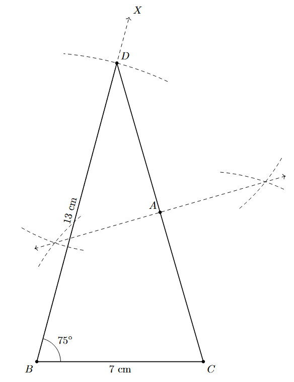 Step 5: The perpendicular bisector of DC is drawn, which intersects BD at point A.