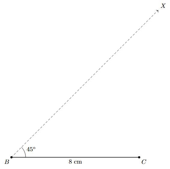 Step 2: A ray BX is drawn at B, making a 45-degree angle with BC.