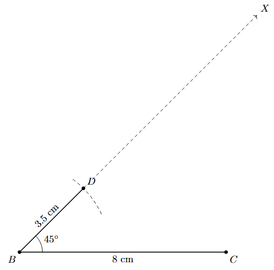 Step 3: A point D is marked on ray BX such that BD = 3.5 cm.