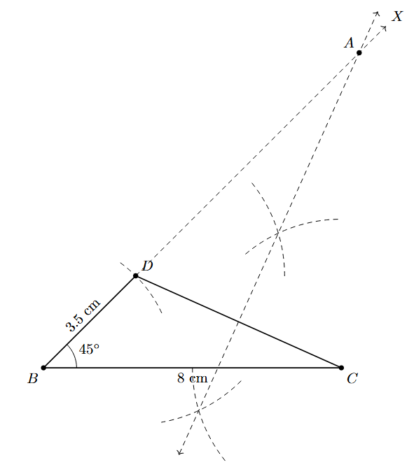 Step 5: The perpendicular bisector of DC is drawn, intersecting ray BX at point A.