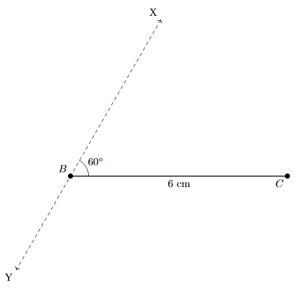 Step 2: A ray BX is drawn at B, making a 60-degree angle with BC.