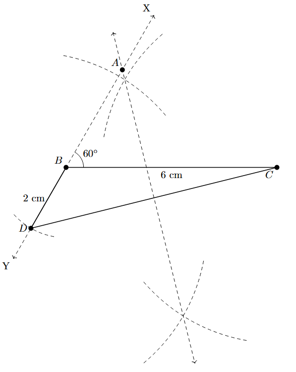 Step 5: The perpendicular bisector of DC is drawn, intersecting ray BX at point A.