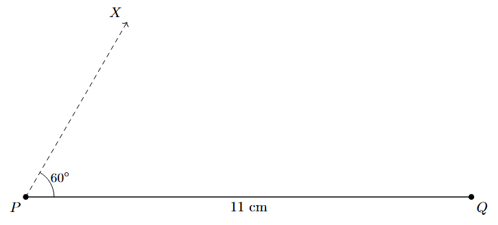 Step 2: An angle of 60 degrees is constructed at point P.