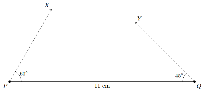 Step 3: An angle of 45 degrees is constructed at point Q.