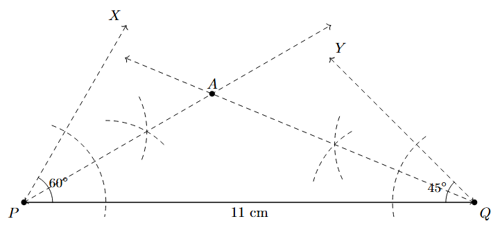 Step 4: The bisectors of the angles at P and Q are drawn, intersecting at point A.