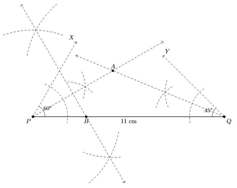 Step 5: The perpendicular bisector of AP is drawn, intersecting PQ at B.