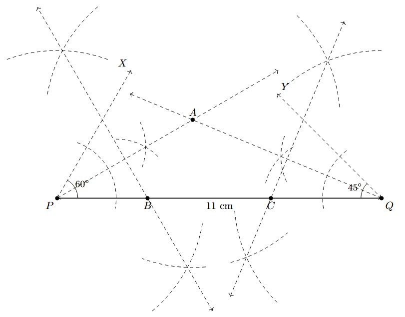 Step 6: The perpendicular bisector of AQ is drawn, intersecting PQ at C.