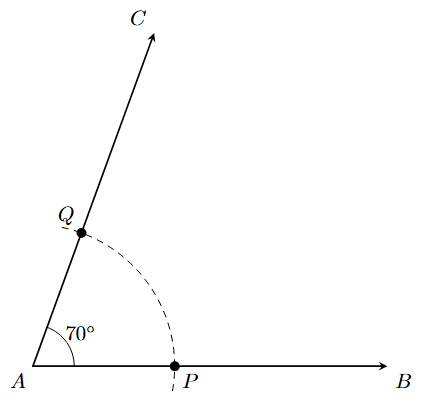 Step 2: An arc is drawn from vertex A, intersecting AB at P and AC at Q.