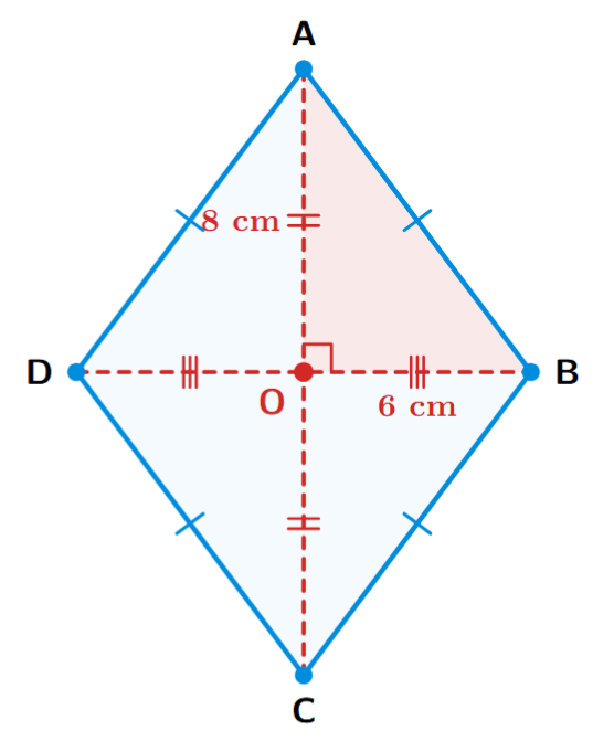 A rhombus ABCD with diagonals AC and BD intersecting at point O. This forms four right-angled triangles, one of which is triangle AOB.