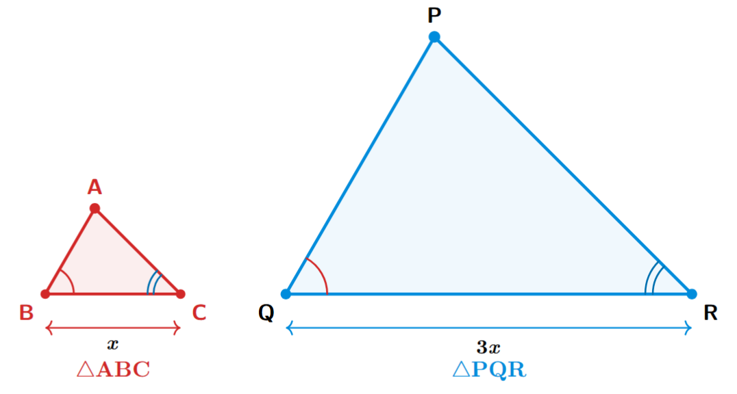 Two similar triangles, ABC and PQR, are shown. The ratio of their areas is related to the ratio of their sides.