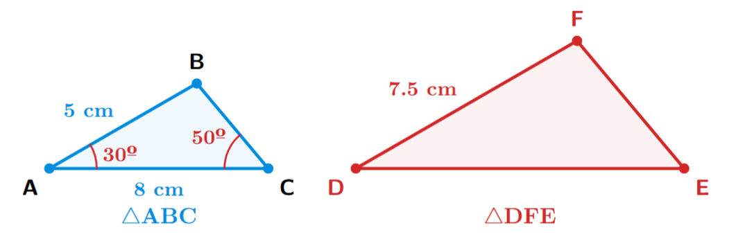 Two similar triangles, ABC and DFE, showing the correspondence between vertices A-D, B-F, and C-E.