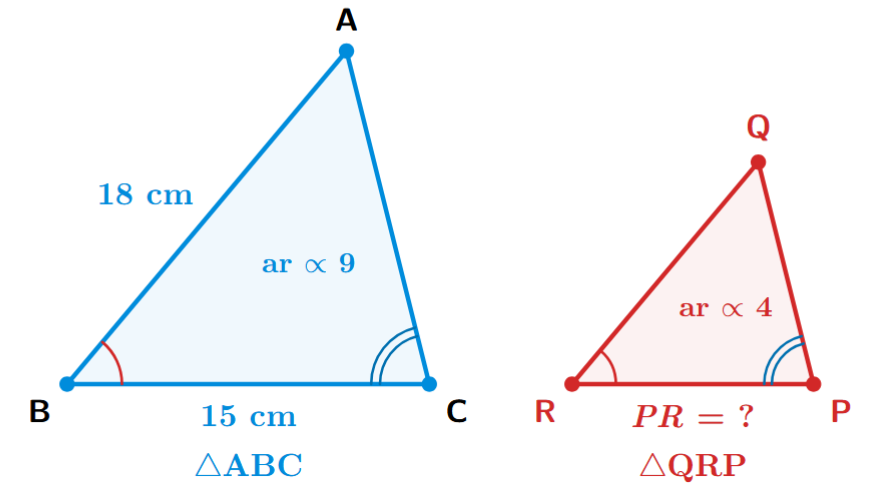 Two similar triangles, ABC and QRP, illustrating the vertex correspondence A-Q, B-R, and C-P.