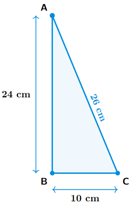 A triangle ABC with side lengths AB = 24 cm, BC = 10 cm, and AC = 26 cm.