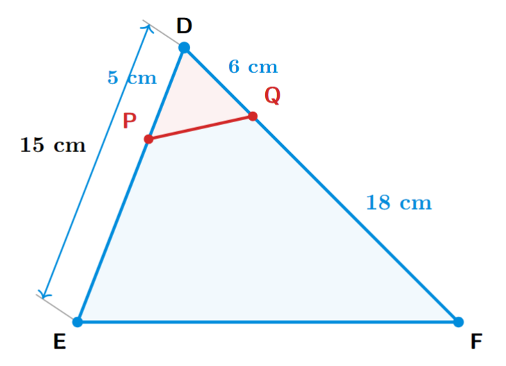 A triangle DEF with a line segment PQ intersecting sides DE and DF. P is on DE and Q is on DF.