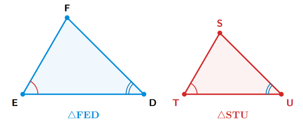 Two similar triangles, FED and STU, illustrating the correct correspondence of vertices: F to S, E to T, and D to U.
