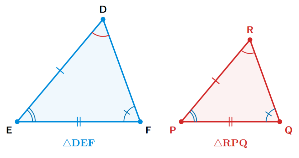Two similar triangles, DEF and RPQ, illustrating the vertex correspondence: D to R, E to P, and F to Q.