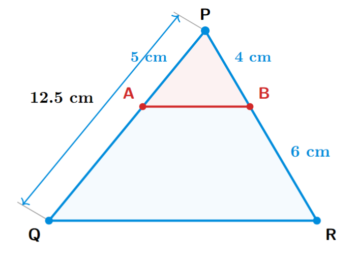 A triangle PQR with a line segment AB intersecting sides PQ and PR. A is on PQ and B is on PR.