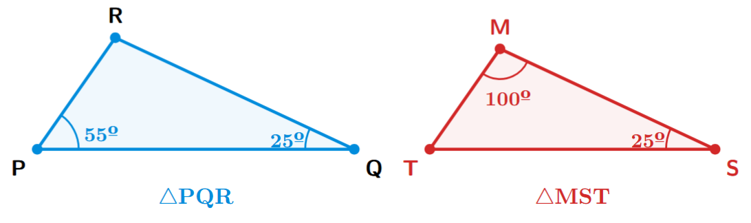 Two triangles, PQR and TSM. In triangle PQR, angles are P=55, Q=25, R=100. In triangle TSM, angles are T=55, S=25, M=100.