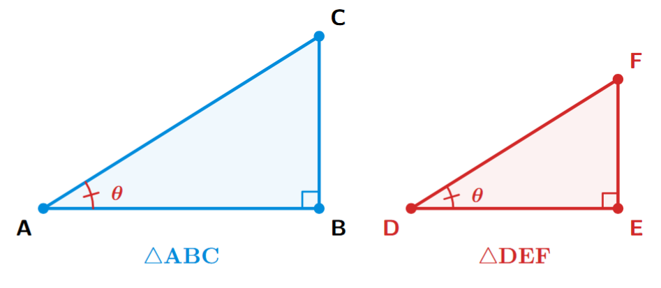 Two right-angled triangles, ABC and DEF. Angle B and Angle E are 90 degrees. Acute angle A is shown to be equal to acute angle D.