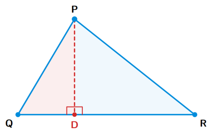 A triangle PQR with an altitude PD from vertex P to the side QR, forming two smaller right-angled triangles, PQD and RPD.