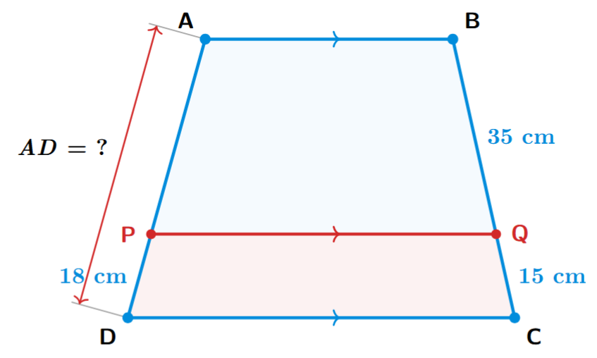A trapezium ABCD with AB parallel to DC. A line segment PQ is drawn parallel to DC, where P is on AD and Q is on BC. The lengths PD, BQ, and QC are given.