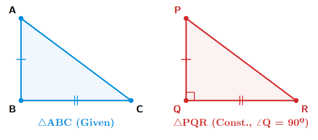 Two triangles are shown. The first is triangle ABC with sides AB, BC, and AC. The second is a right-angled triangle PQR, right-angled at Q, with sides PQ = AB and QR = BC.