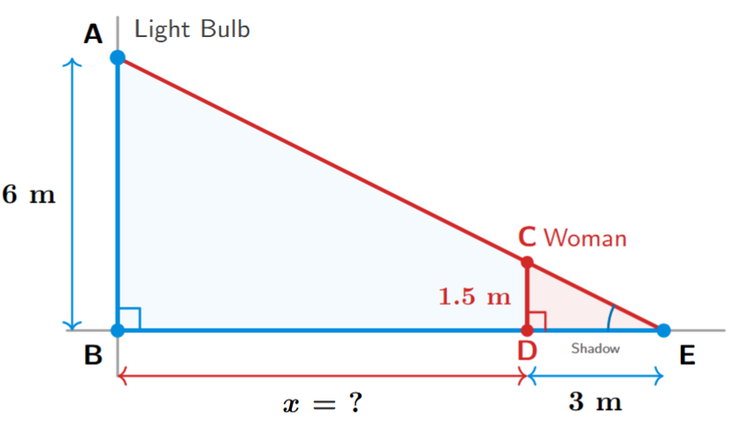 A diagram showing a street light on a pole AB and a woman CD. The light from A casts a shadow DE of the woman. This forms two similar right-angled triangles, ABE and CDE.