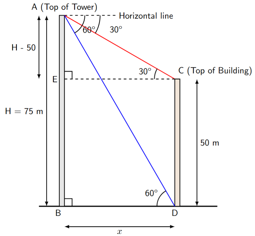 A tower and a building with angles of depression 30 and 60 degrees