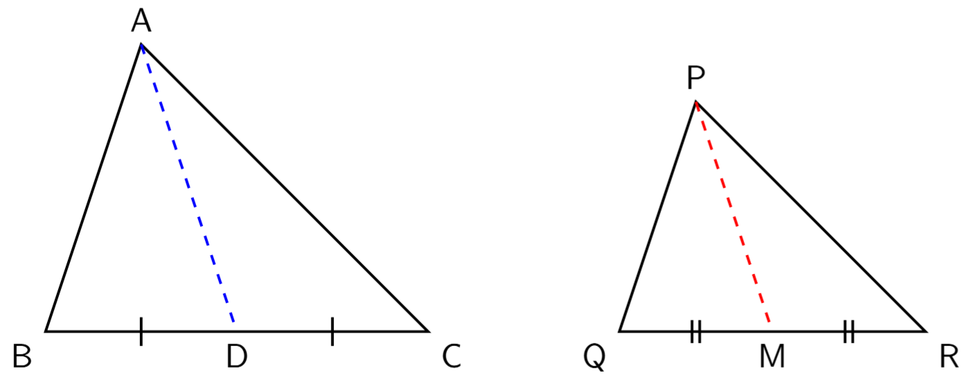 Two triangles ABC and PQR with medians AD and PM respectively