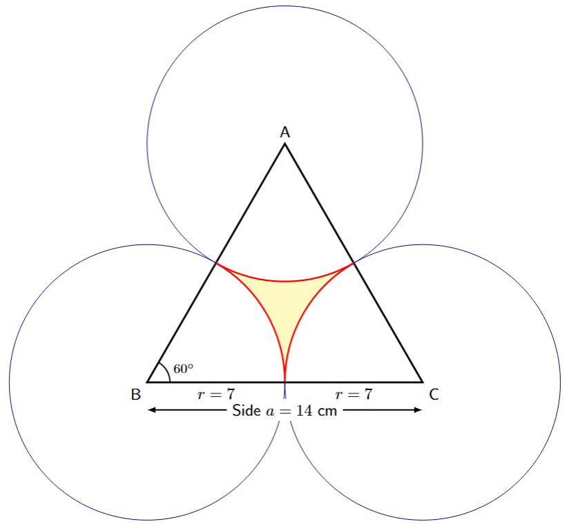 Equilateral triangle with circles at vertices showing the area not included in circles