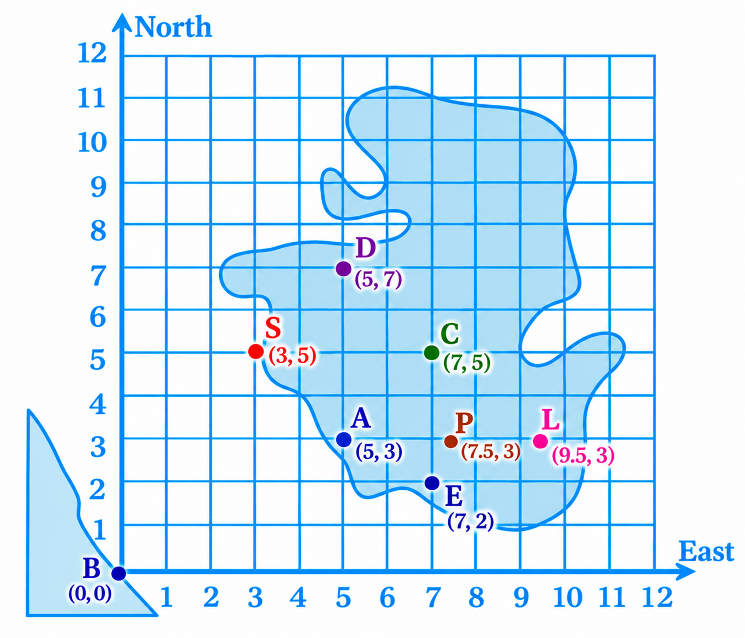 Island map with marked coordinates and points