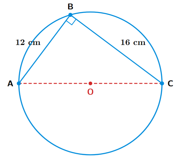 A circle passing through points A, B, and C. The triangle ABC is a right-angled triangle with the right angle at B. The hypotenuse AC is the diameter of the circle.