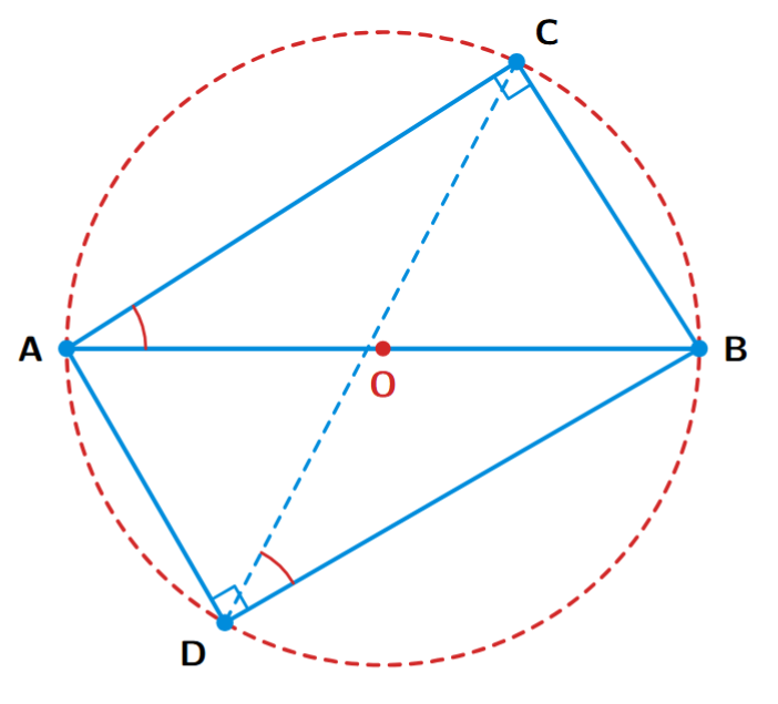A circle with diameter AB. Two right triangles ACB and ADB are on opposite sides of AB, with vertices C and D on the circle's circumference. The angles BAC and BDC are shown.