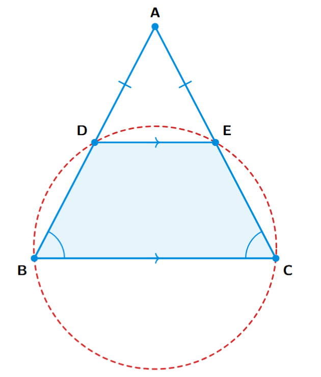 An isosceles triangle ABC with AB = AC. A line DE is drawn parallel to BC, intersecting AB at D and AC at E, forming a quadrilateral BCED.