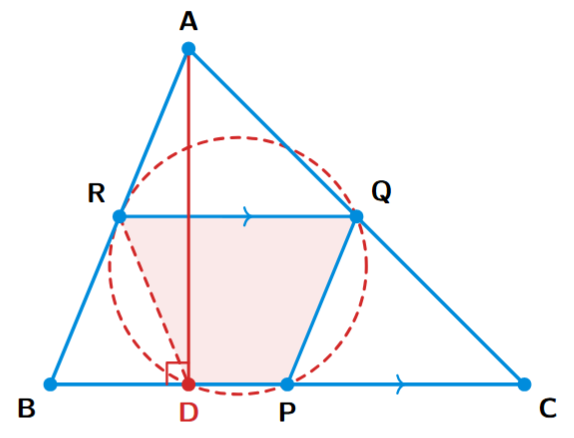 A triangle ABC with midpoints P, Q, R on its sides. AD is the altitude to BC. The points R, Q, P, D form a quadrilateral.