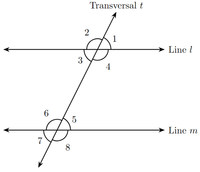 Two parallel lines l and m are intersected by a transversal t. Angles are numbered 1, 2, 3, 4 on line l and 5, 6, 7, 8 on line m.