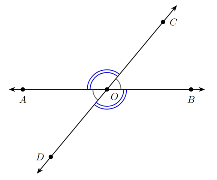 Two lines AB and CD intersecting at point O. This forms four angles: AOC, BOC, BOD, and AOD.